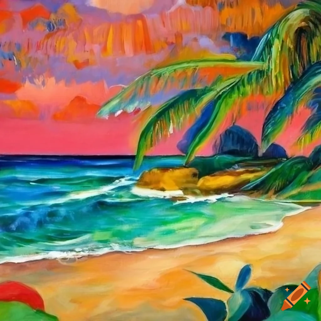 colourful tropical beach in Paul Gauguin style
