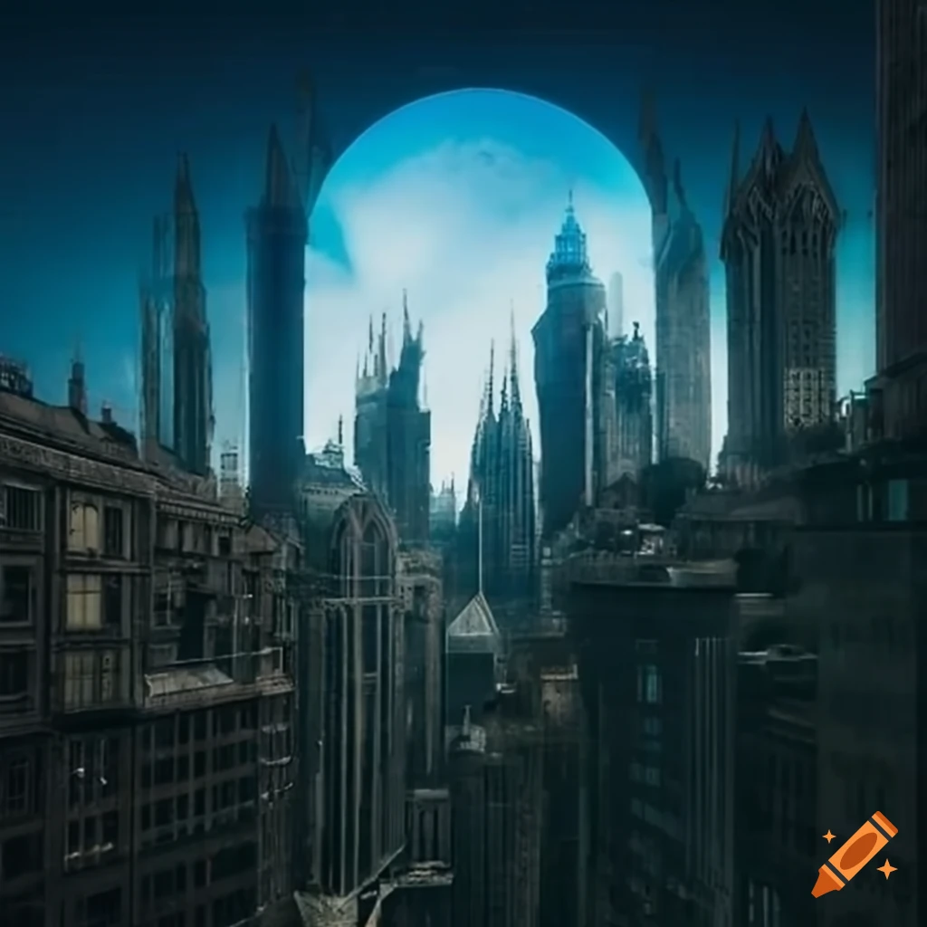 Dystopian cityscape with gothic skyscrapers and overpopulated streets ...