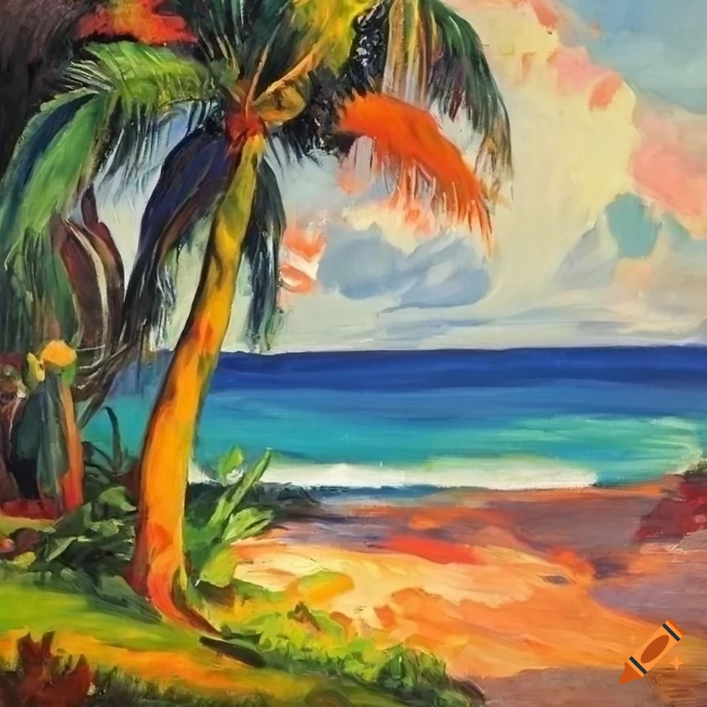 colourful tropical beach in Paul Gauguin style