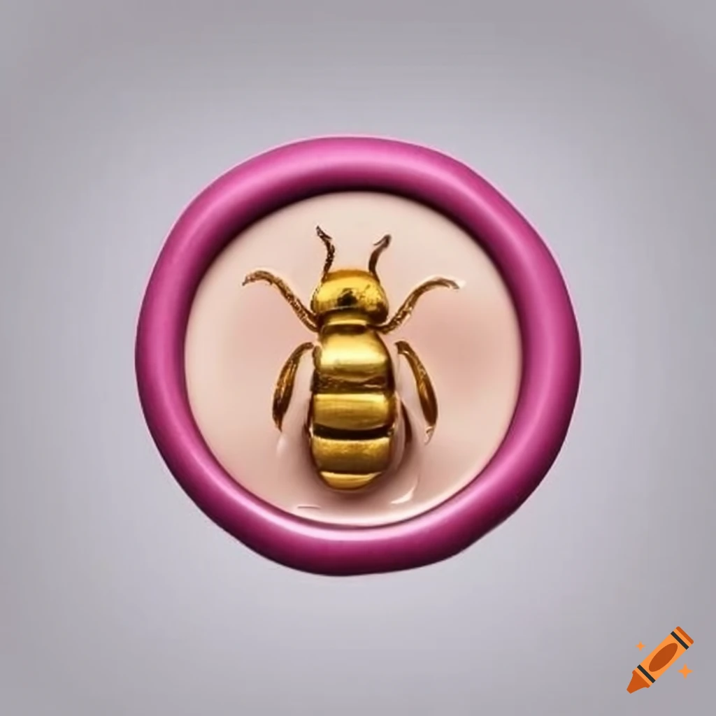 white wax seal with gold and pink bee