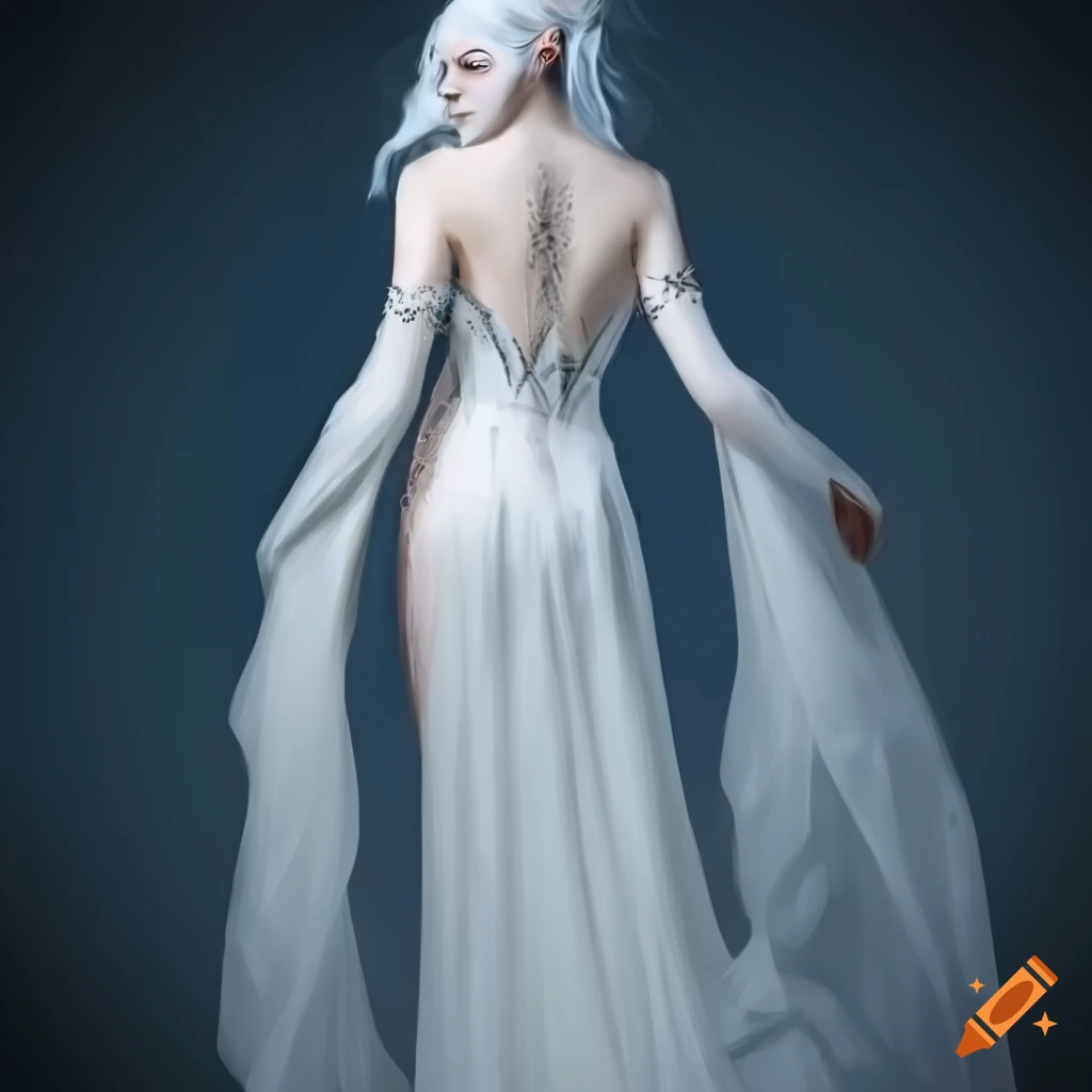 Art of a moon elf woman in white gown on Craiyon