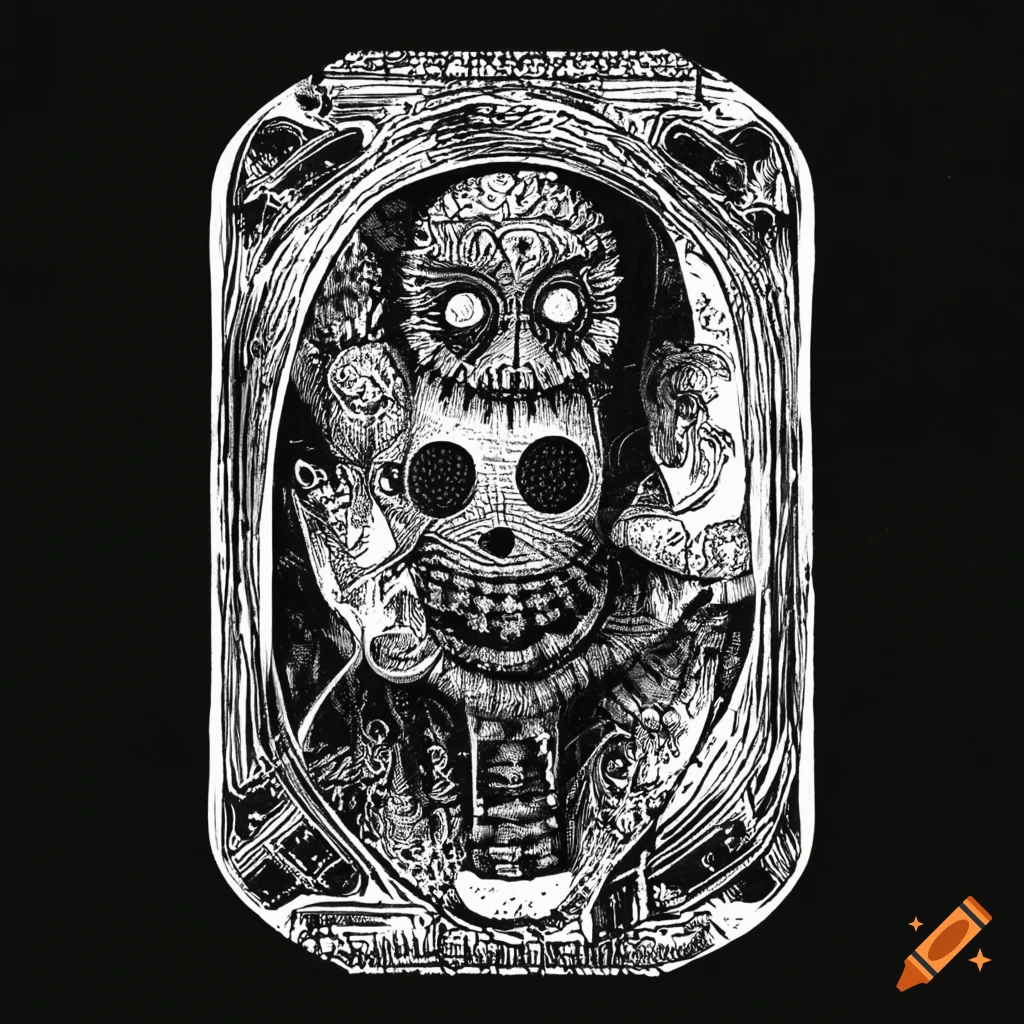 Black and white tarot card with ancient voodoo puppet on Craiyon