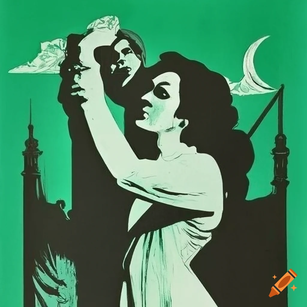 Soviet era propaganda poster in green, black, and white