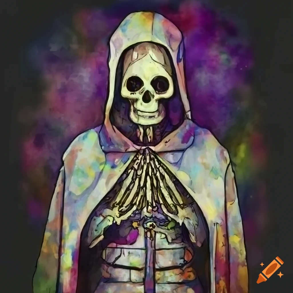 Dark comic-style illustration of a skeleton in cleric robes on Craiyon