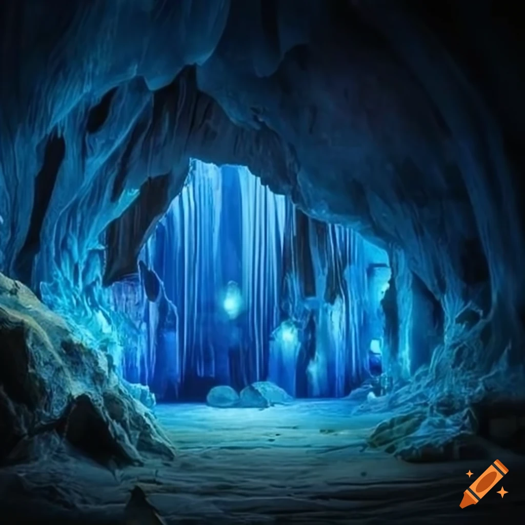 Blue crystal cave with a treasure chest