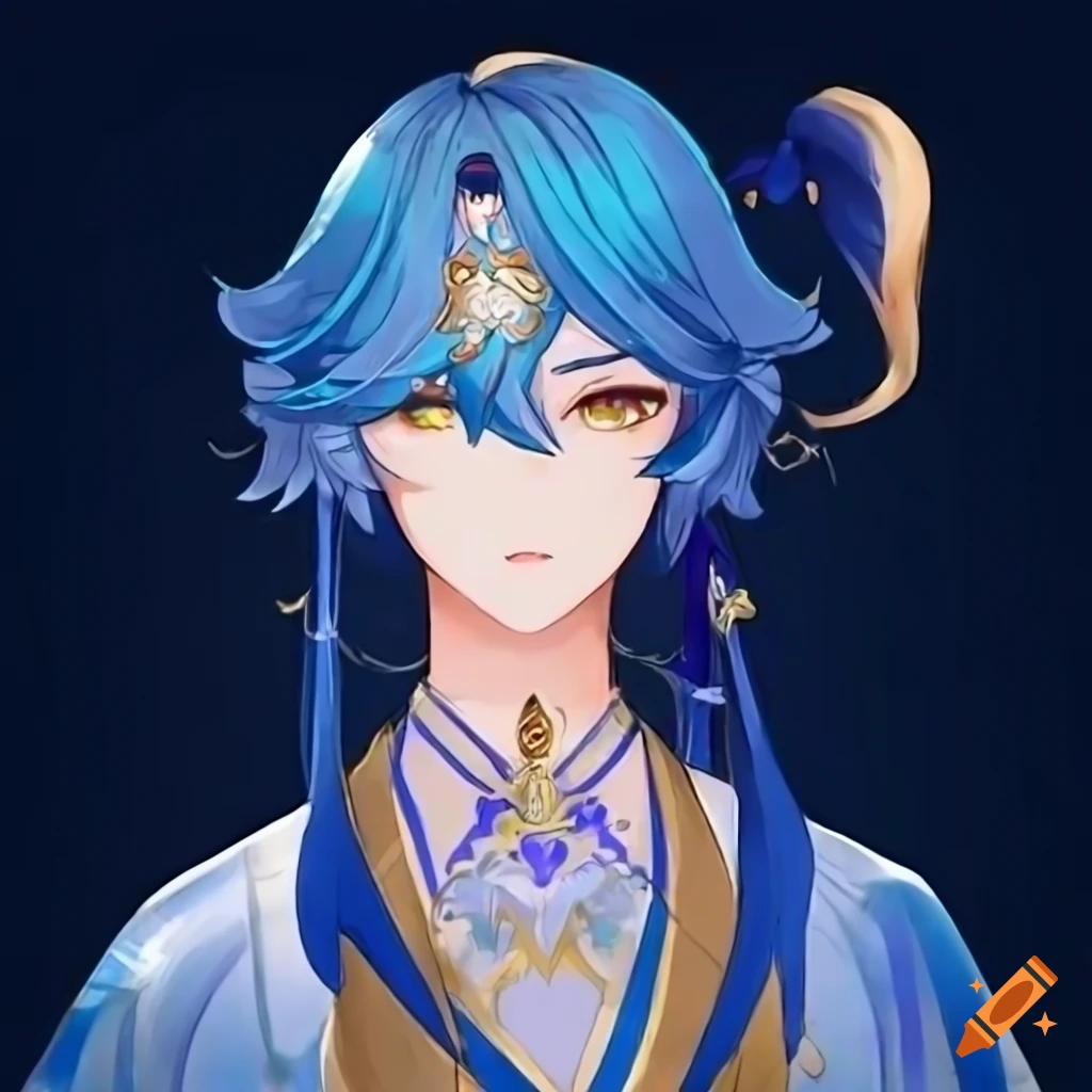 Genshin Impact inspired character with blue hair and Chinese Hanfu