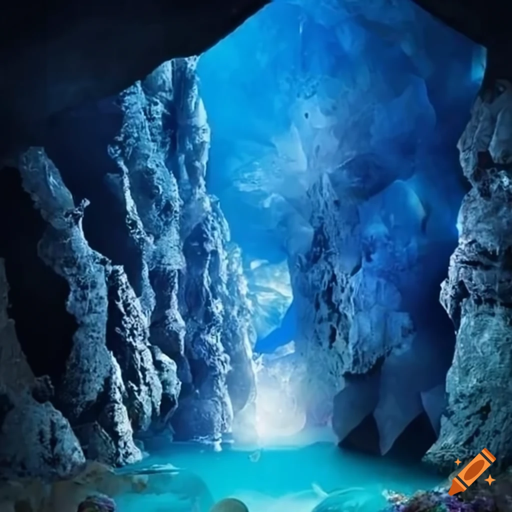 Blue crystal cave with a treasure chest