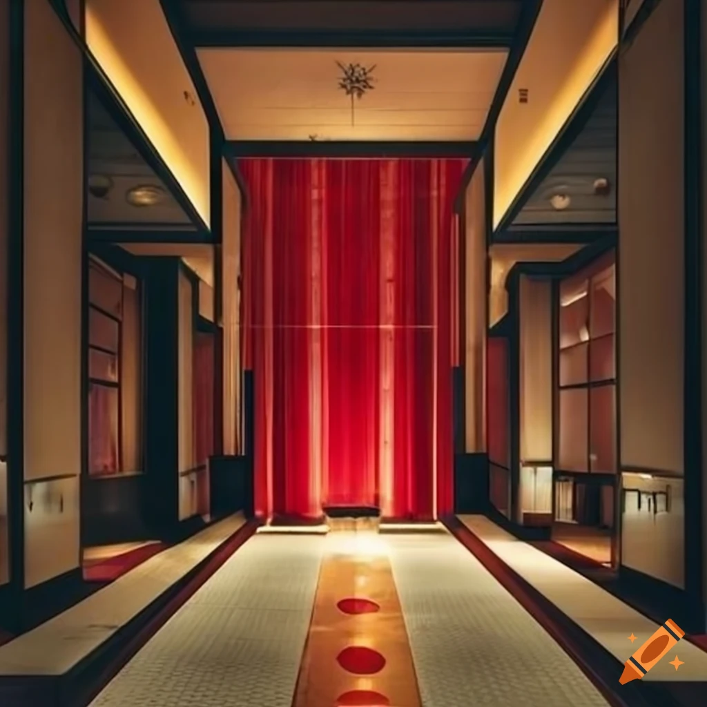 Luxurious japanese hotel lobby with red and gold decorations on Craiyon