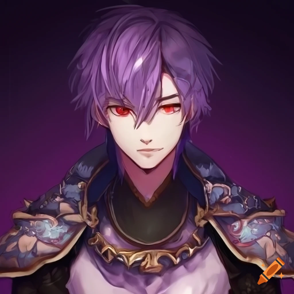 Portrait of a guy with purple hair and red eyes in Chinese armor on Craiyon