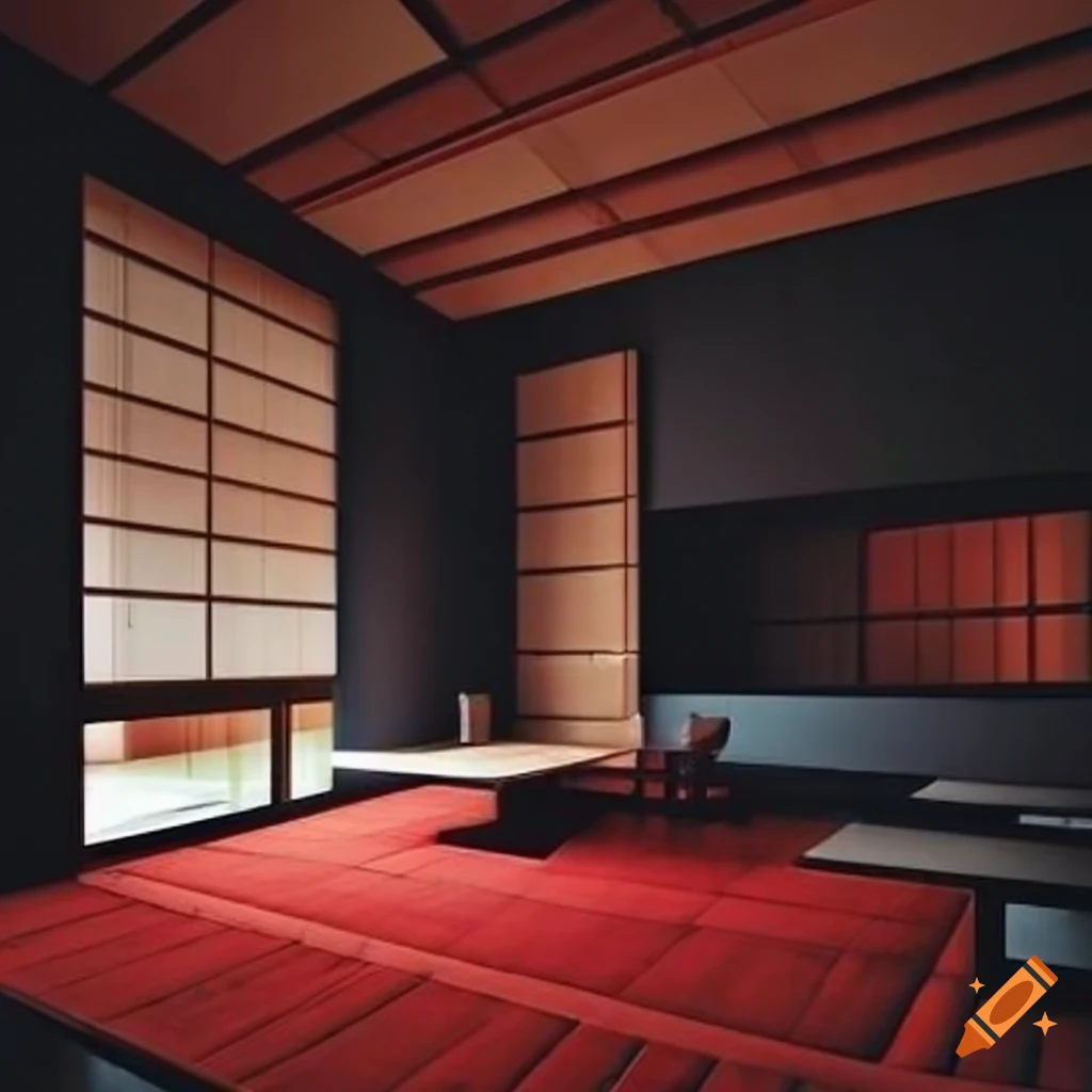 Japanese house interior with gray, black, and red colors