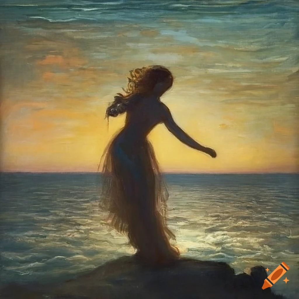 Painting of a girl dancing by the sea at sunset on Craiyon