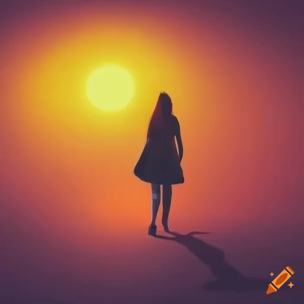Silhouette of a girl walking towards the sunset on Craiyon