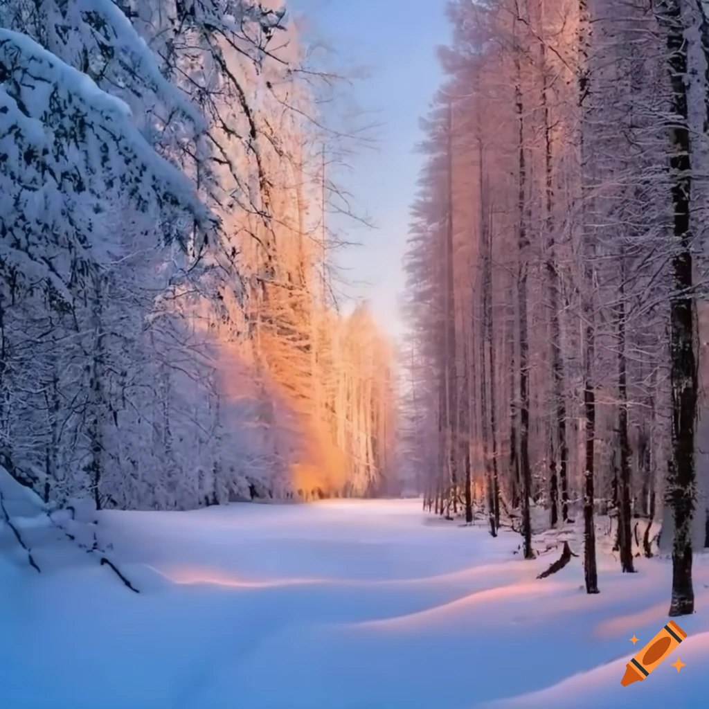 pathway through snowy forest at dawn