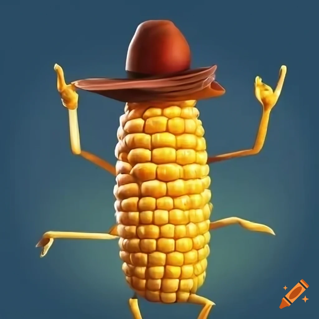 picture of a corn head with animated eyes, hat, arms and legs