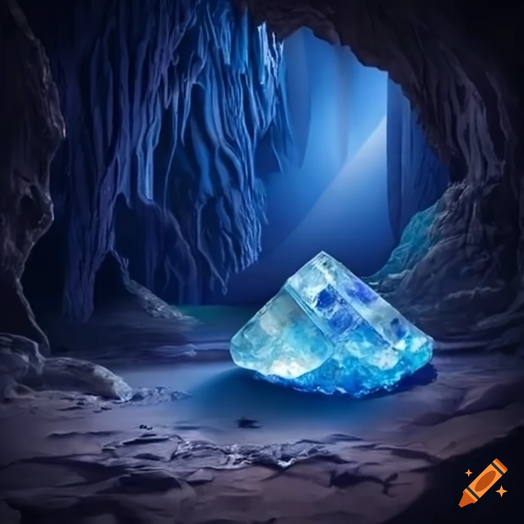 Blue crystalfilled cave with a treasure chest on Craiyon