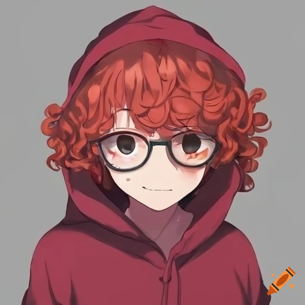 anime girl with curly hair and glasses wearing a hoodie