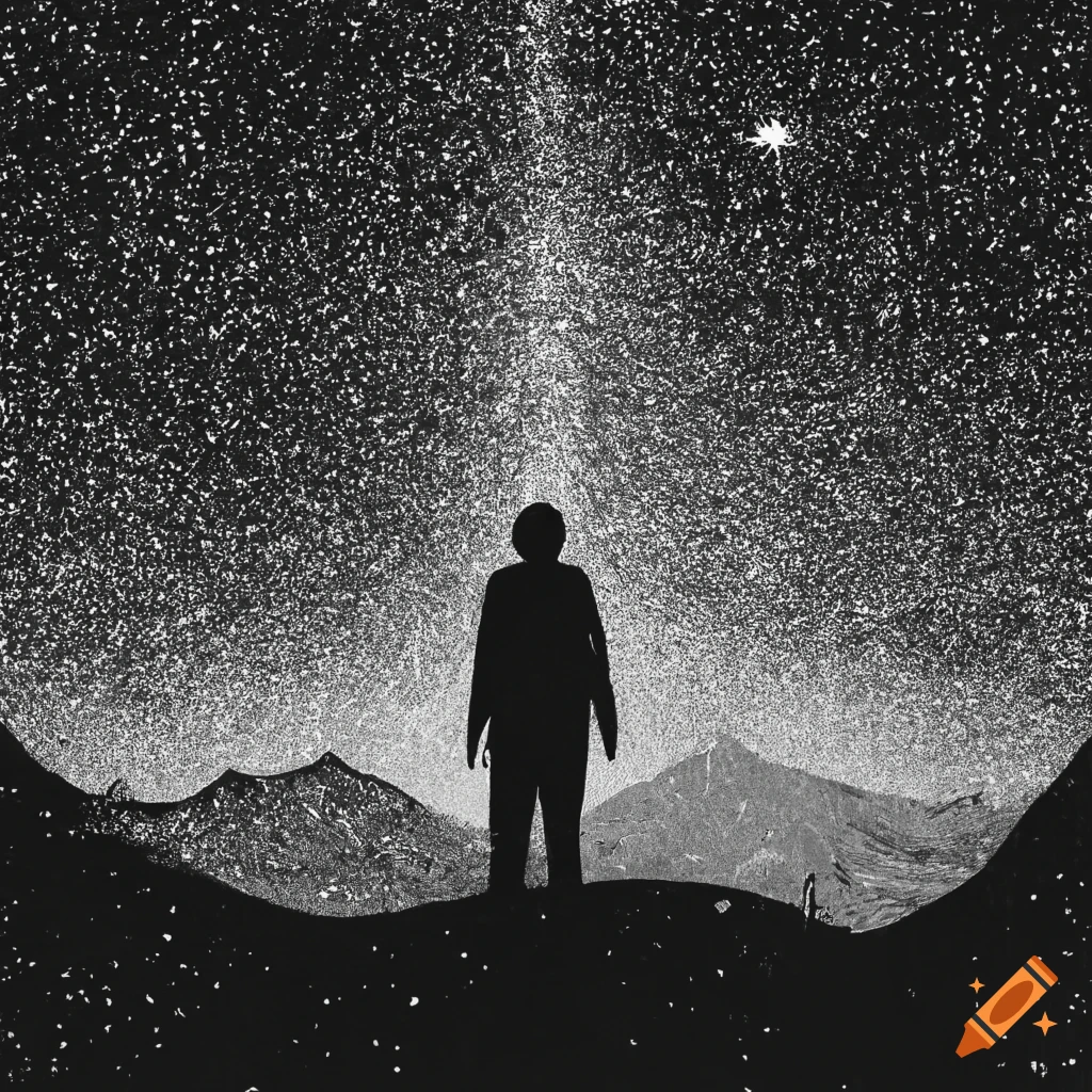 black and white drawing of a person gazing at the stars
