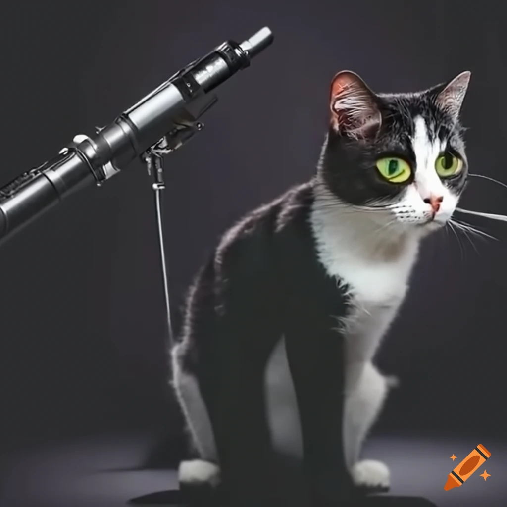 Tuxedo cat recording a podcast with a boom microphone