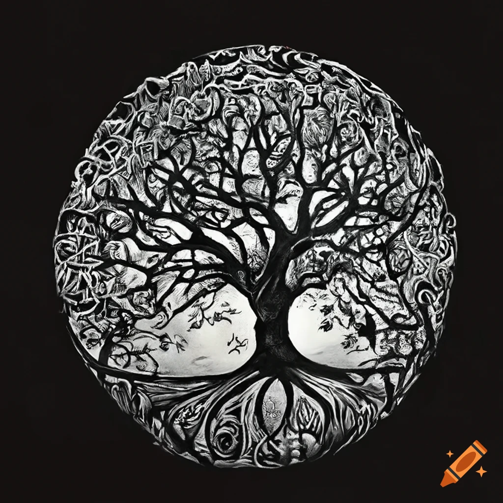 black and white slavic tattoo of the tree of life Perun