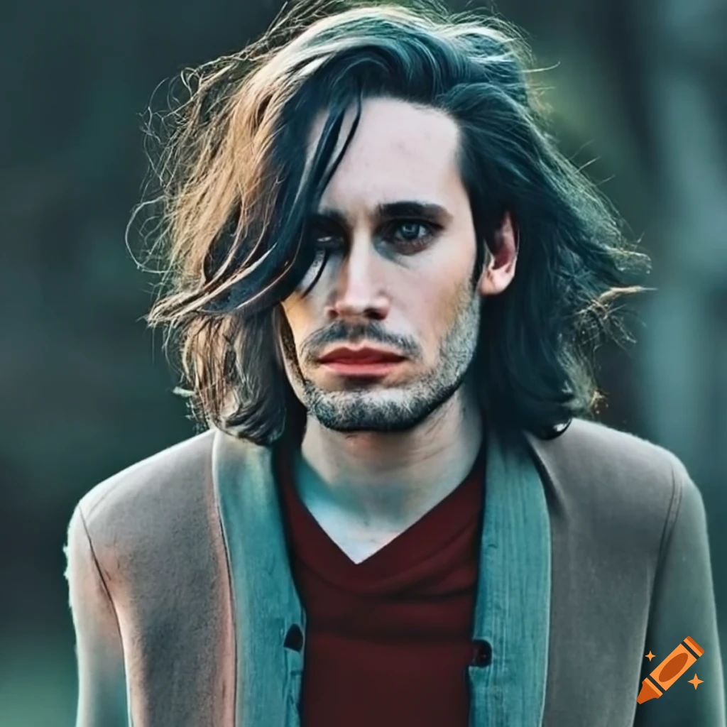 Jeff Buckley with long grey hair and beard in a magazine-style photo shoot