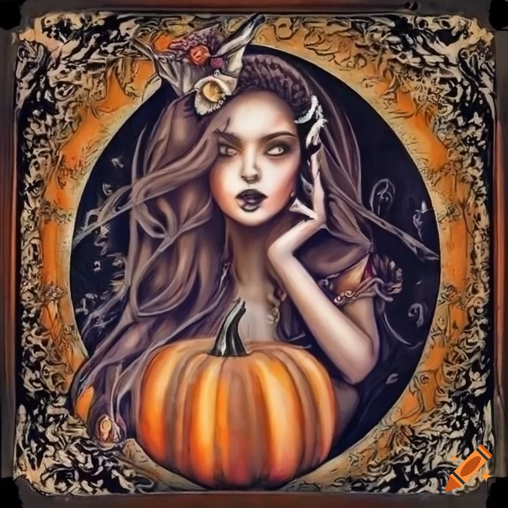 Chicano art with fairies and pumpkins