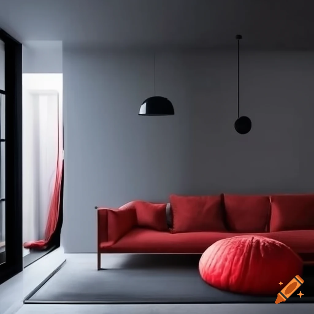 sleek modern Japanese home with gray, black, and red decor
