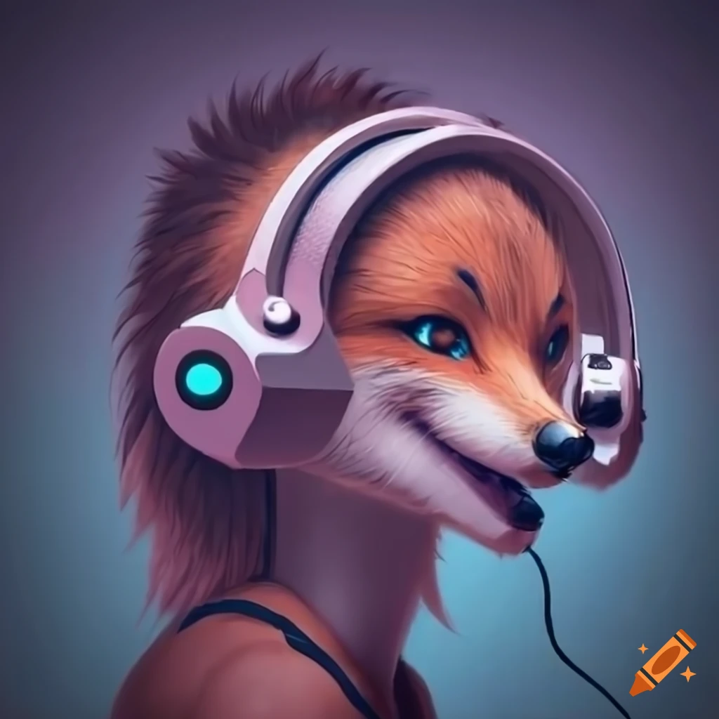 female fox playing video games with headphones