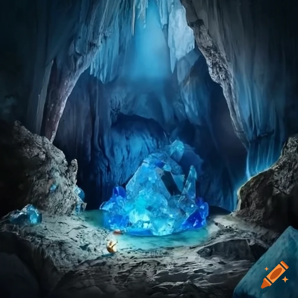 Blue crystalfilled cave with a treasure chest on Craiyon