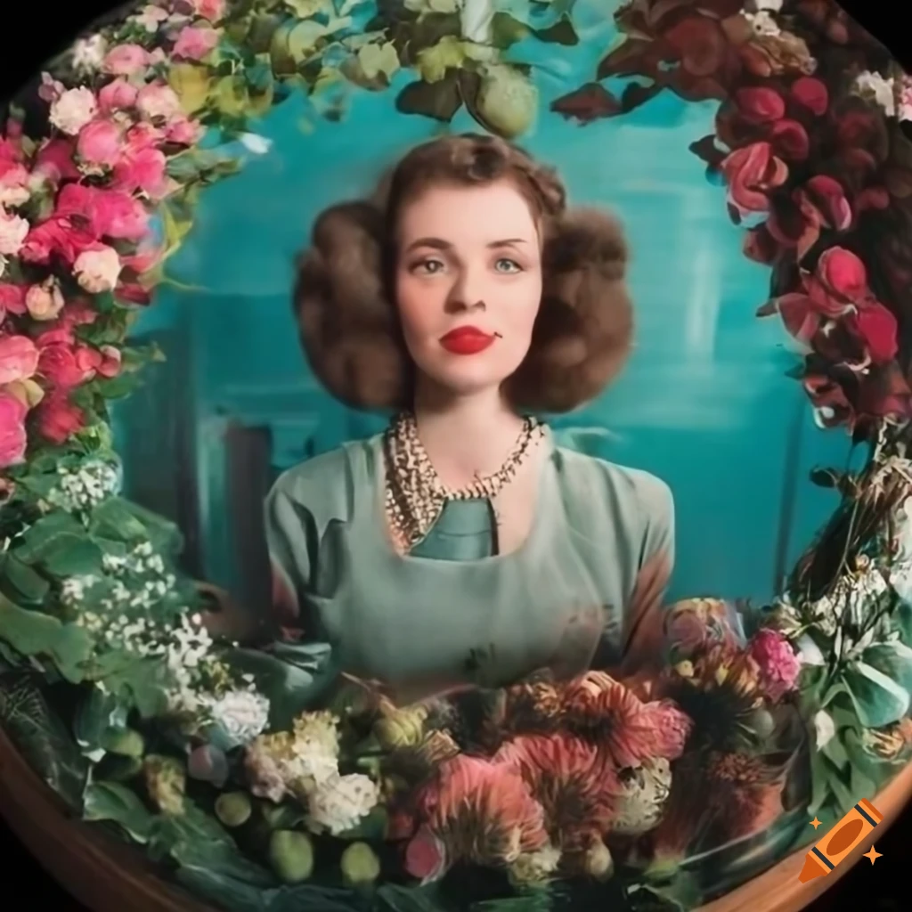 realistic fisheye photo of a florist in a 1940s flower shop