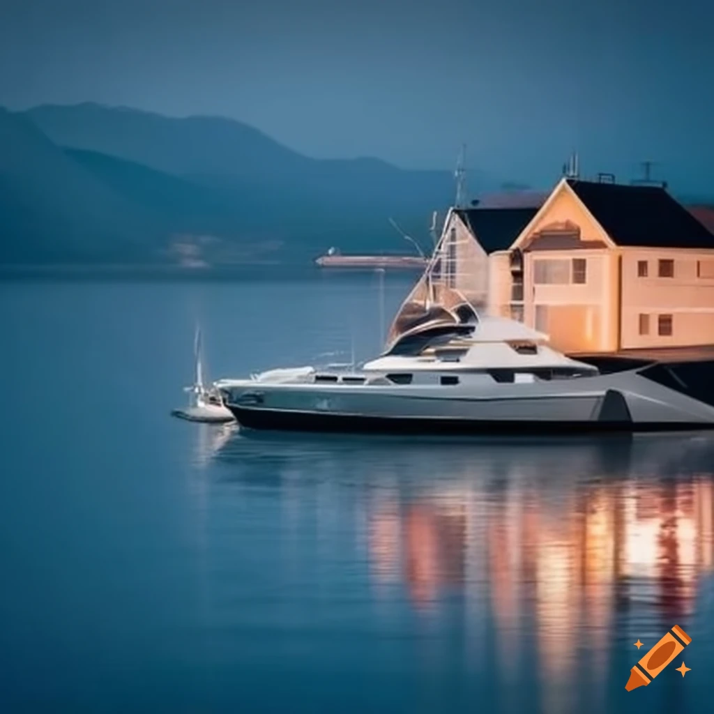 luxurious yacht parked behind a beautiful house