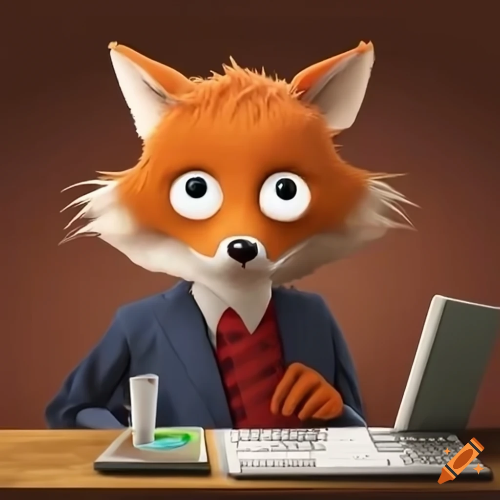 cartoon illustration of a fox using a computer