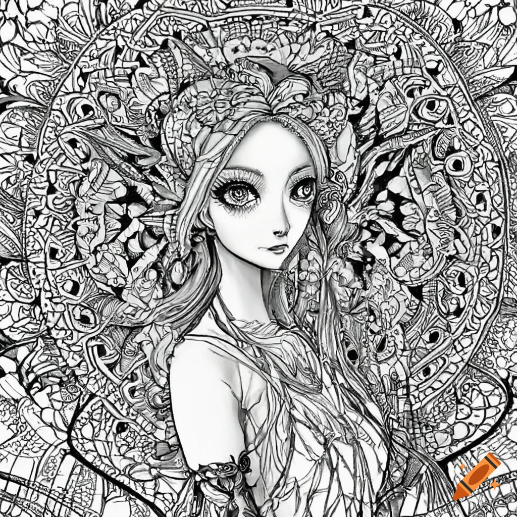 Mandala coloring page with fairies in anime style on Craiyon
