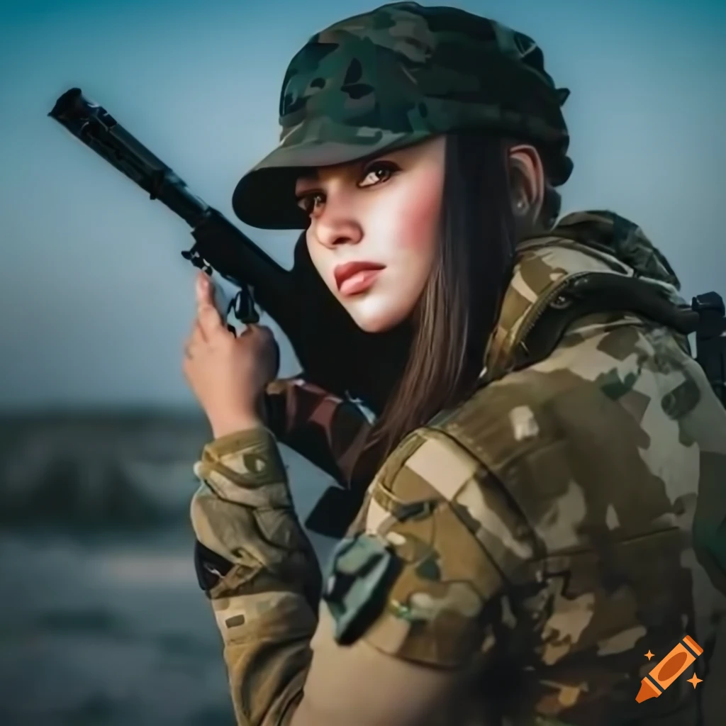 photorealistic illustration of a girl with a rifle in a ruined city