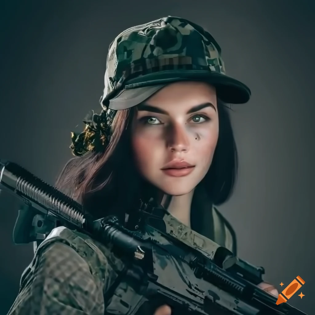 photorealistic illustration of a girl with a rifle in a ruined city