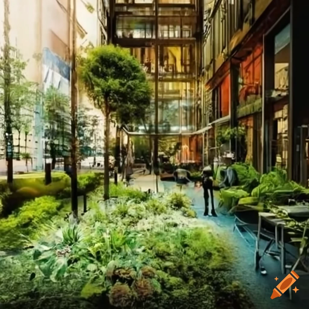 diseño urbano con vegetación y cafeterías en entorno ecosocial