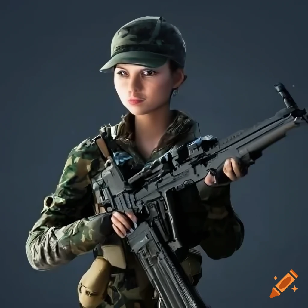 photorealistic illustration of a girl with a rifle in a ruined city