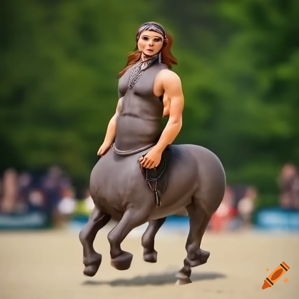 Close-up action of centaurs competing in equestrian sports on Craiyon