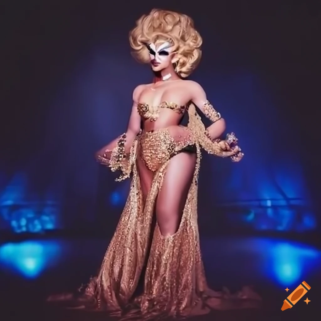 glamorous drag queen in Maruchan-themed outfit