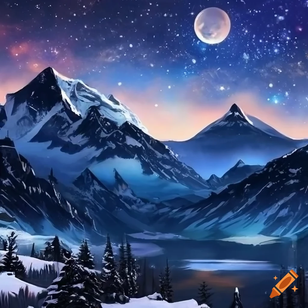digital painting of snow-covered mountains under a starry night sky