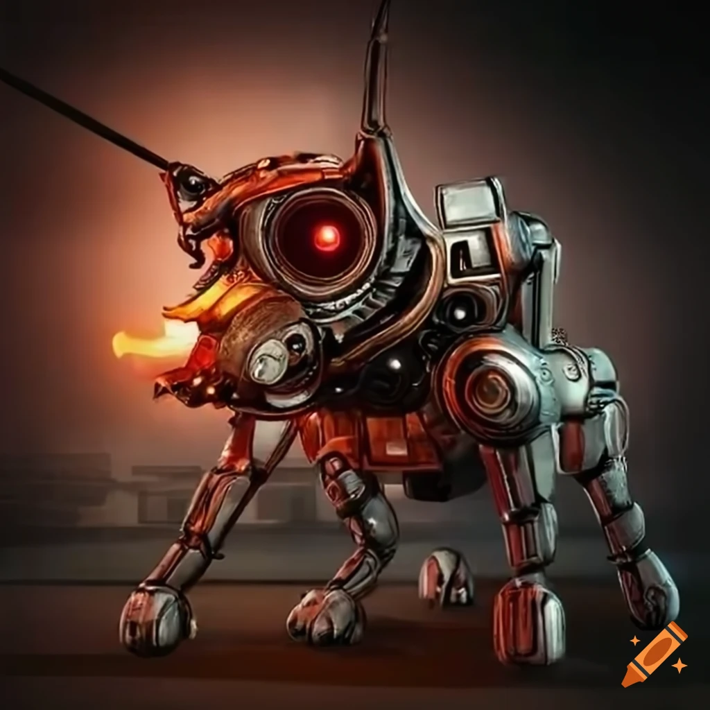 steampunk robotic dog with glowing red eyes