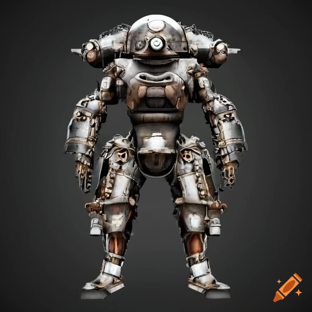 photo-realistic image of a robotic knight-shaped steam locomotive in armor