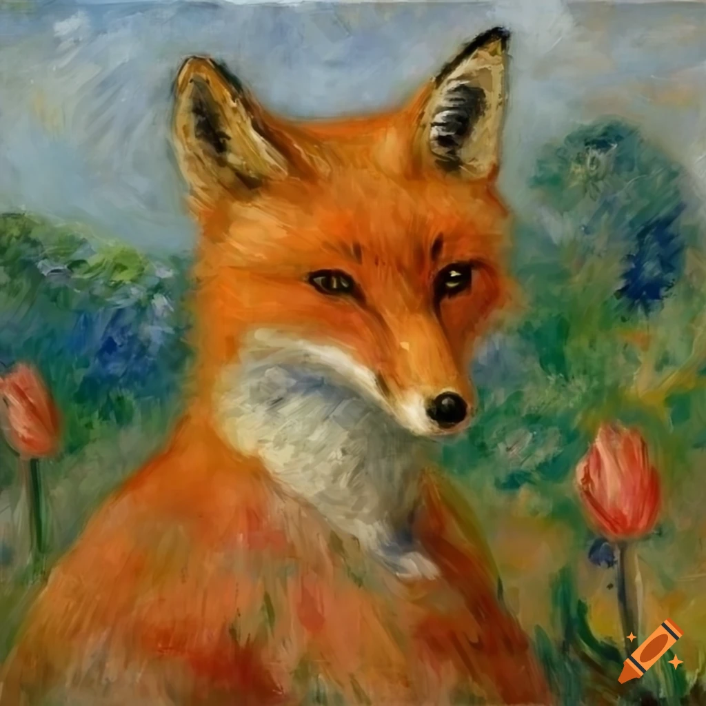 impressionist painting of a fox in a field of tulips