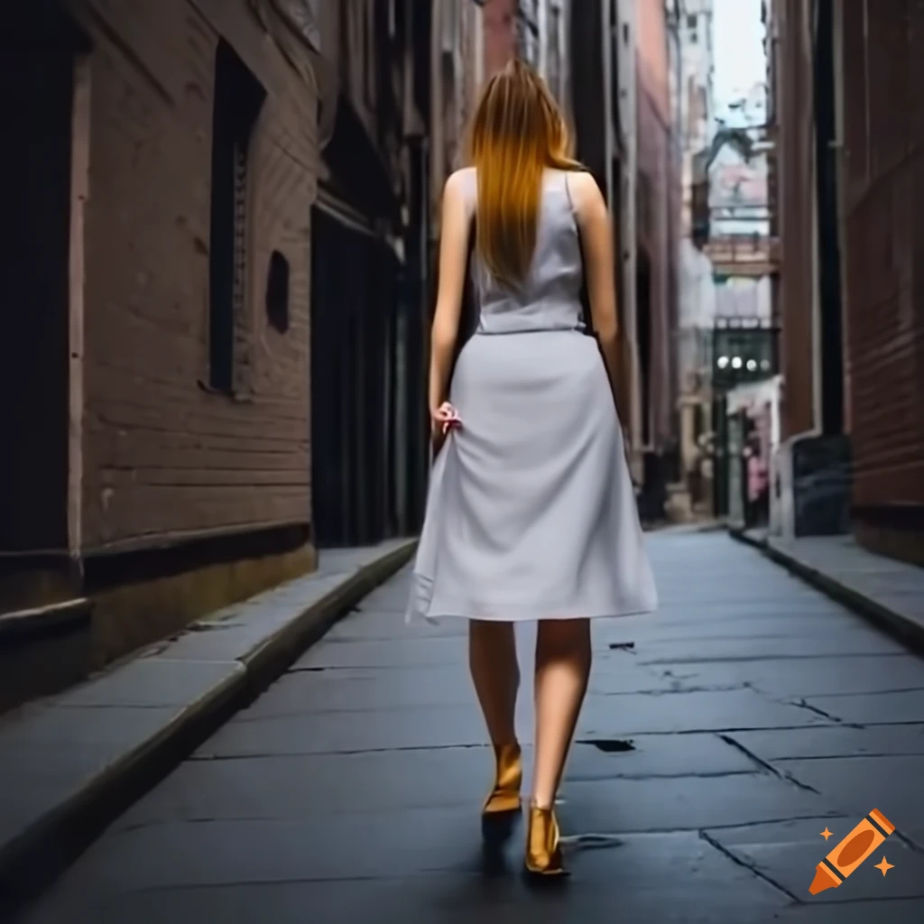 woman walking up narrow steps