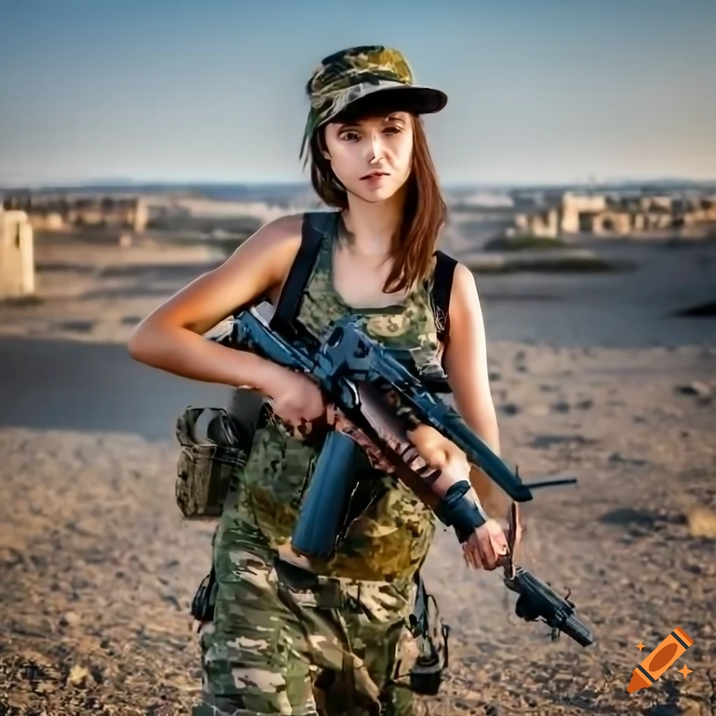 photorealistic illustration of a girl with a rifle in a ruined city