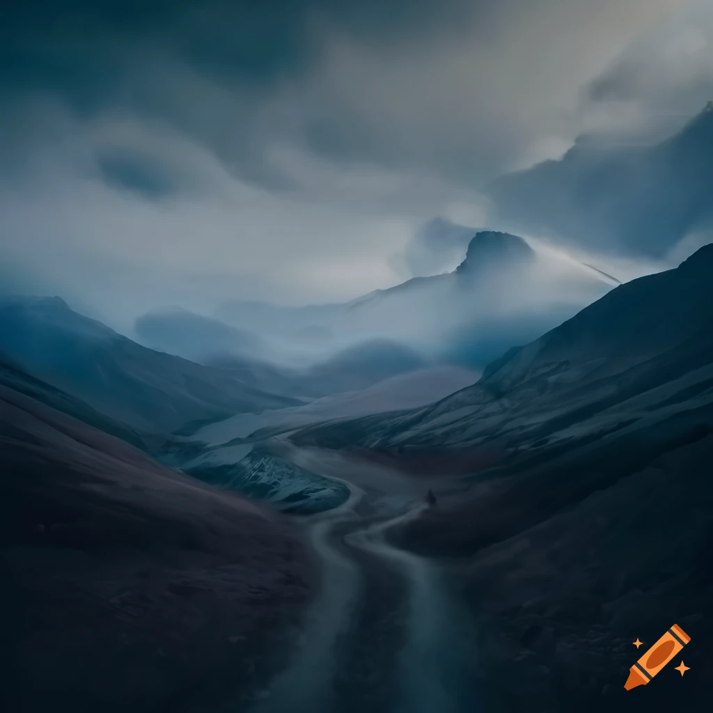 detailed photo of a path leading to a forboding mountain