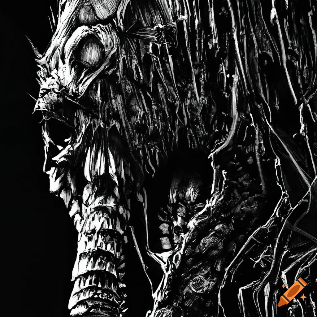 black and white ink drawing of a creature from Blame! manga