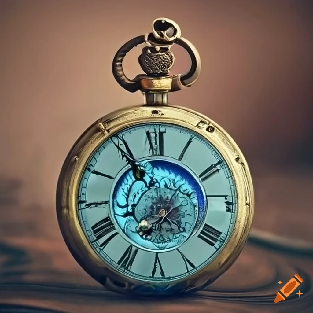 blue steampunk pocketwatch with rabbit logo