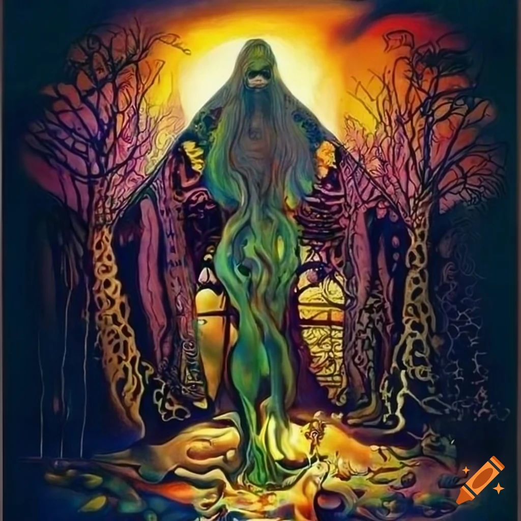 illustrative artwork of three people walking on a sacred path surrounded by nature and animals