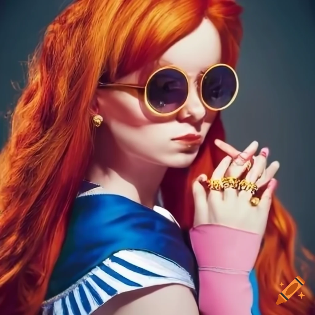 fashionable redhead woman dressed like sailor moon with sunglasses