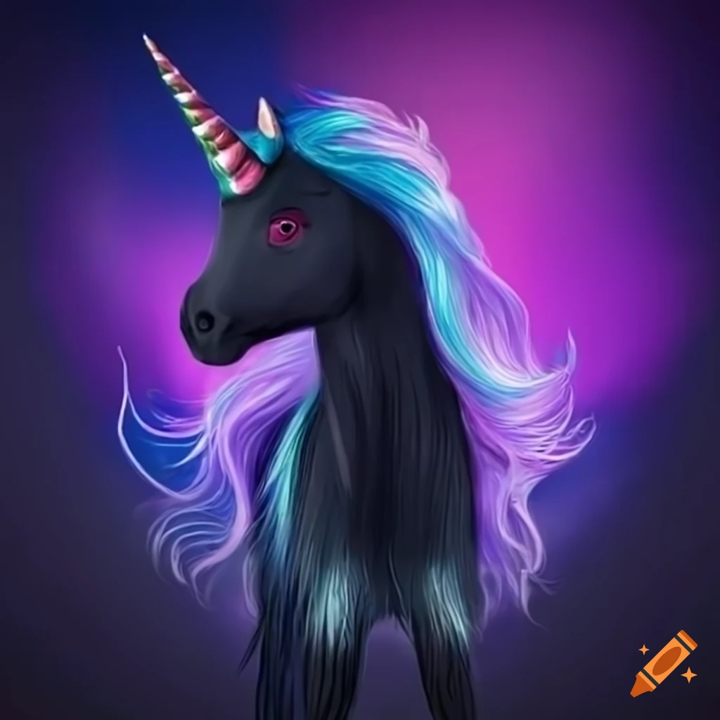Black unicorn with blue horn and hooves and pink mane on Craiyon